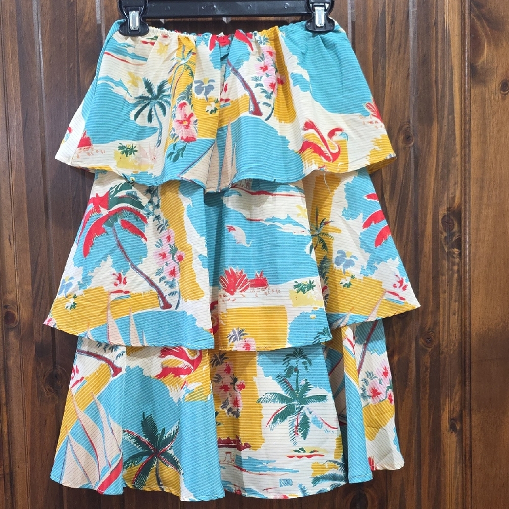 Tiered Tropical Skater Skirt in Blue and Yellow